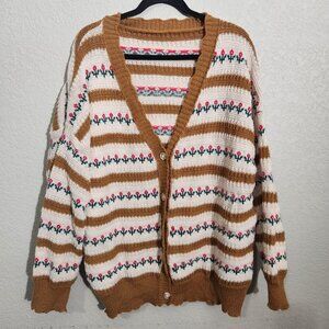 Shein Cardigan Retro Sweater Womens Button-Up Floral Brown White 3XL